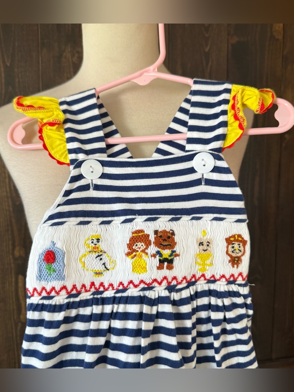 Girls Smocked Polka Dot Princess Beauty & The Beast Smocked Bubble Romper 2T